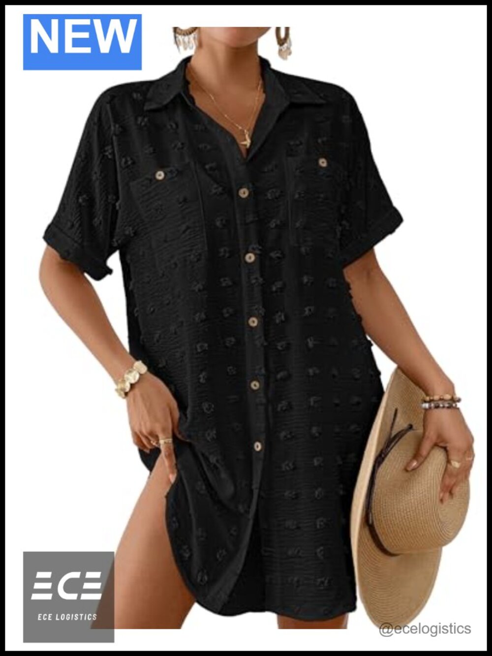 Swiss Dot Smocked Shirt Dress Swim Coverup Button Down Short Sleeve Beach